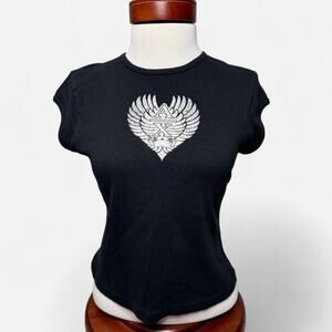 Y2K Punk Baby Tee - Size S - Armani Exchange - Black Heart Logo Cap Sleeve Top